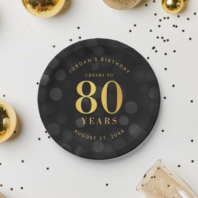 Dark Bokeh Gold Cheers to 80 Years Birthday Paper Plates (Creator Uploaded)