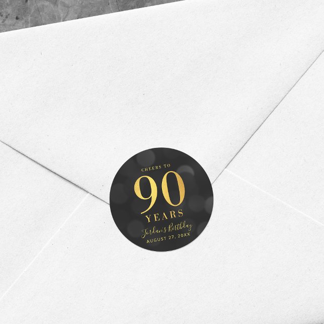 Dark Bokeh Gold Cheers to 90 Years Birthday Classic Round Sticker (Creator Uploaded)