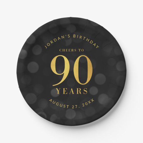 Dark Bokeh Gold Cheers to 90 Years Birthday Paper Plates