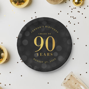 Dark Bokeh Gold Cheers to 90 Years Birthday Paper Plates