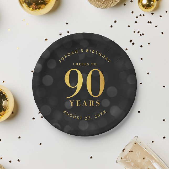Dark Bokeh Gold Cheers to 90 Years Birthday Paper Plates (Creator Uploaded)