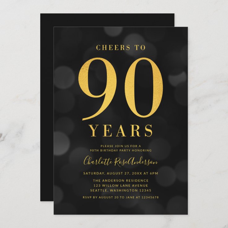 Dark Bokeh Gold Cheers to 90 Years Birthday Party Invitation | Zazzle