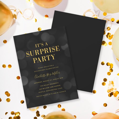 Dark Bokeh Gold Its a Surprise Party Birthday Invitation
