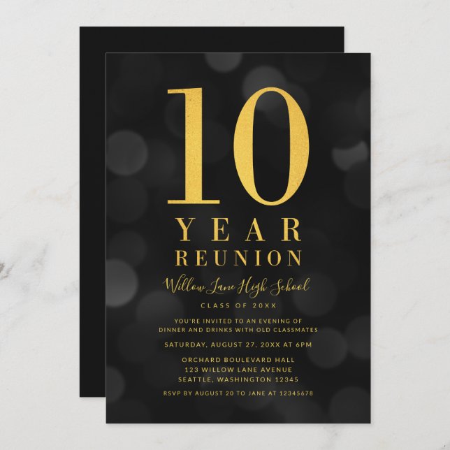 Dark Bokeh Lights 10 Year Class Reunion Invitation (Front/Back)