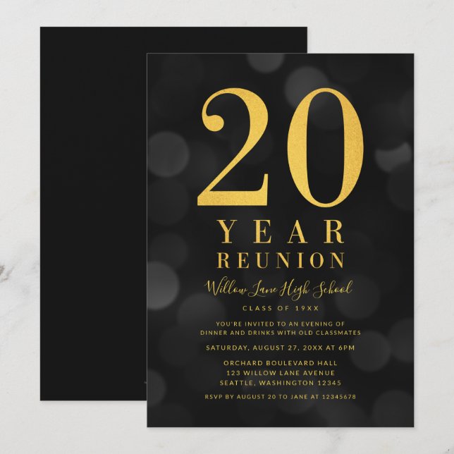 Dark Bokeh Lights 20 Year Class Reunion Invitation (Front/Back)