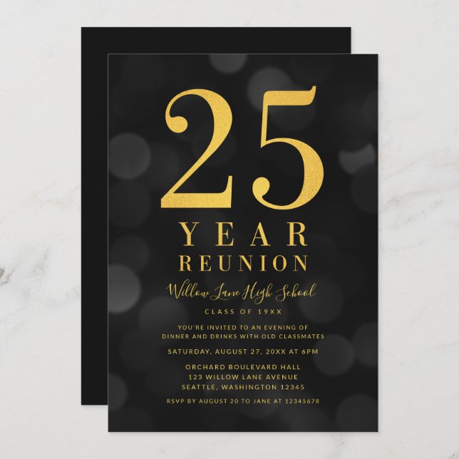 Dark Bokeh Lights 25 Year Class Reunion Invitation (Front/Back)