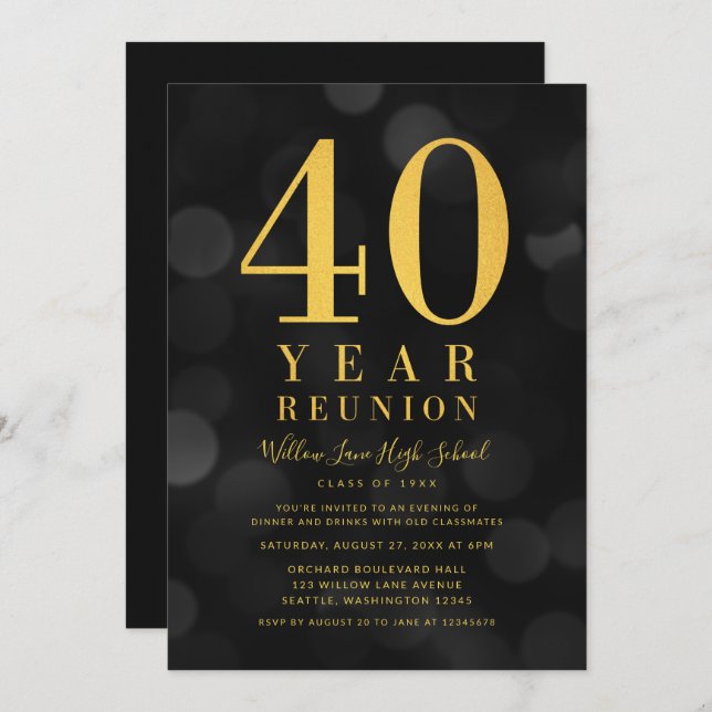 Dark Bokeh Lights 40 Year Class Reunion Invitation (Front/Back)