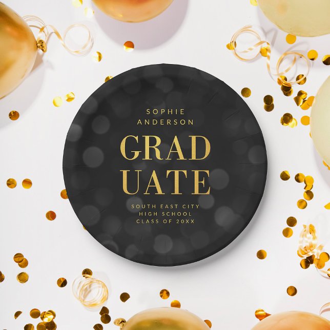 Dark Bokeh Lights Faux Gold Graduate Graduation Paper Plates (Creator Uploaded)