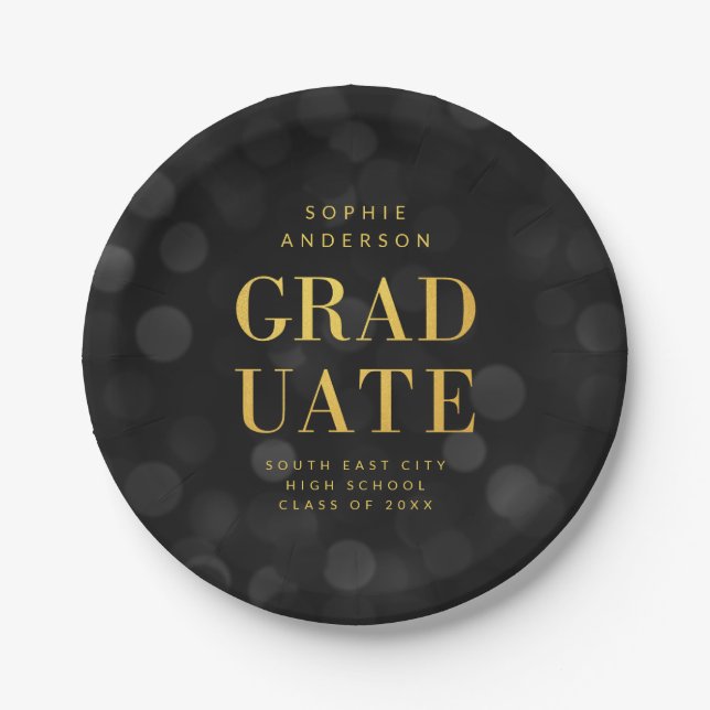 Dark Bokeh Lights Faux Gold Graduate Graduation Paper Plates (Front)