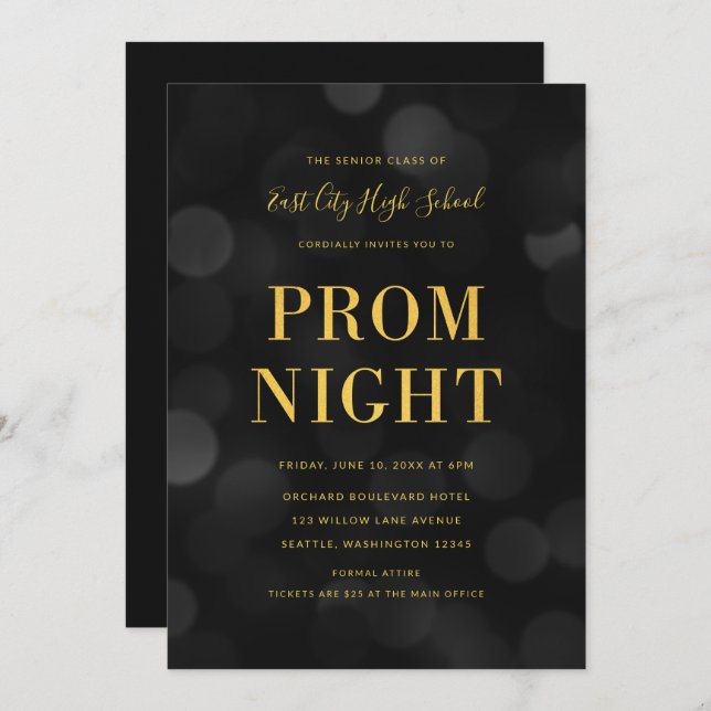 Dark Bokeh Lights Faux Gold High School Prom Invitation (Front/Back)