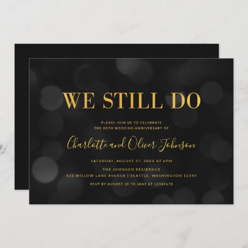 Dark Bokeh Lights Faux Gold Wedding Anniversary Invitation