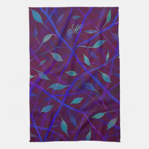 Dark Botanical Burgundy Jewel Foliage Monogram Kitchen Towel