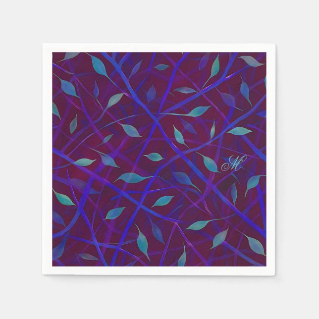 Dark Botanical Burgundy Jewel Foliage Monogram Napkins (Front)