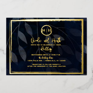 Dark Botanical Elegant Navy Blue & Gold Wedding Foil Invitation