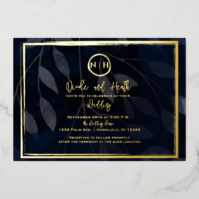Dark Botanical Elegant Navy Blue & Gold Wedding Foil Invitation (Front)