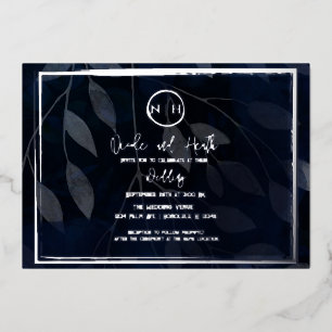 Dark Botanical Elegant Navy Blue & Silver Wedding Foil Invitation