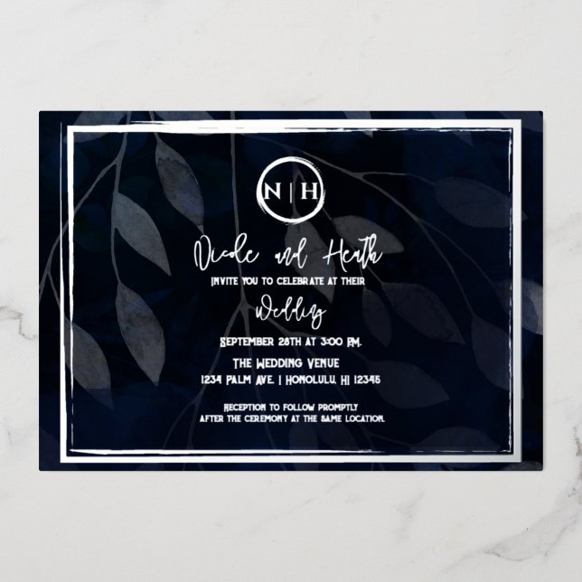 Dark Botanical Elegant Navy Blue & Silver Wedding  Foil Invitation (Front)