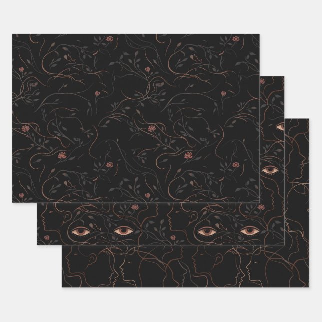 Dark Botanical Faces Wrapping Paper Set (Set)