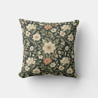 Dark Botanical Floral Pattern with Vintage Flowers Throw Pillow