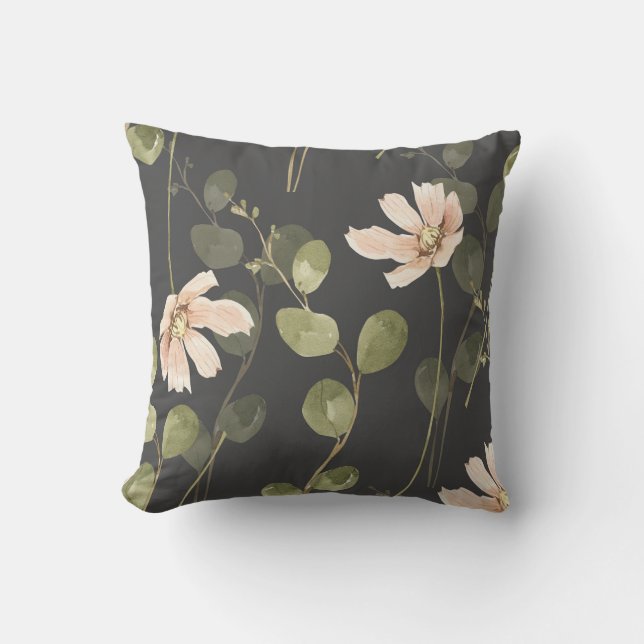 Dark Botanical Floral Throw Cushion Cover (Front)