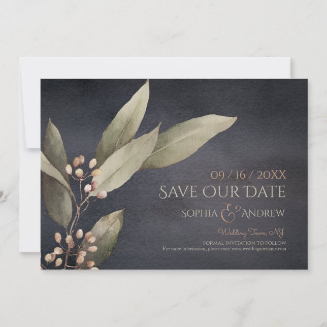 Dark botanical greenery rustic save the date (Front)
