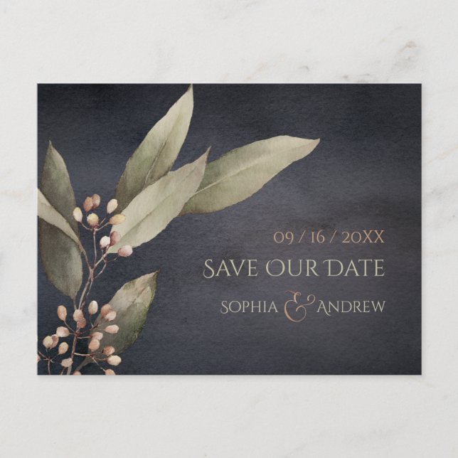 Dark botanical greenery rustic save the date announcement postcard (Front)