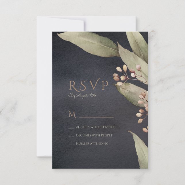 Dark botanical greenery rustic wedding RSVP (Front)