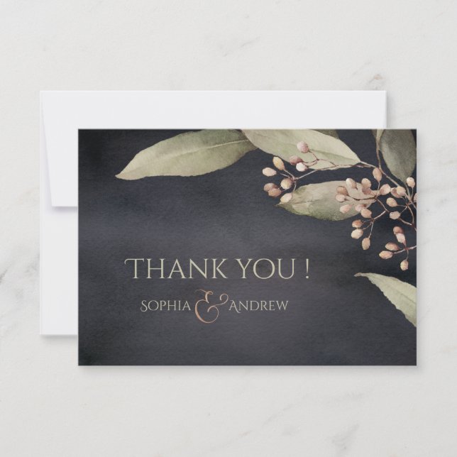 Dark botanical greenery vintage rustic thank you card (Front)