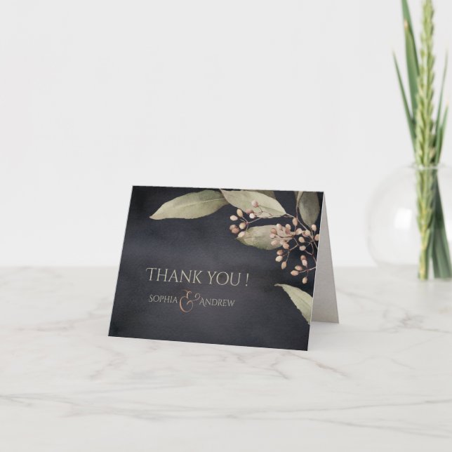 Dark botanical greenery vintage rustic thank you card (Front)