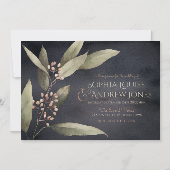 Dark botanical greenery vintage rustic wedding invitation (Front)