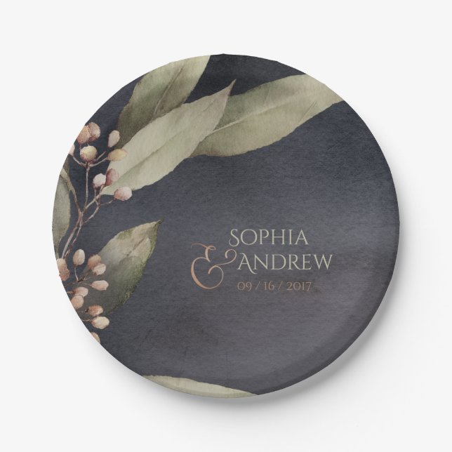 Dark botanical greenery vintage rustic wedding paper plates (Front)