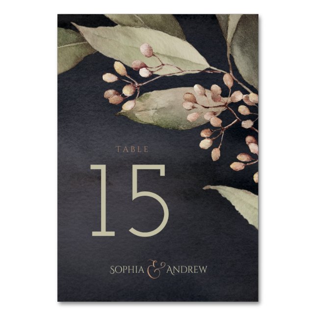 Dark botanical greenery vintage rustic wedding table number (Front)