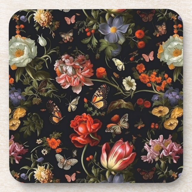 Dark Botanical Maximalist Baroque Floral Elegant Beverage Coaster (Front)