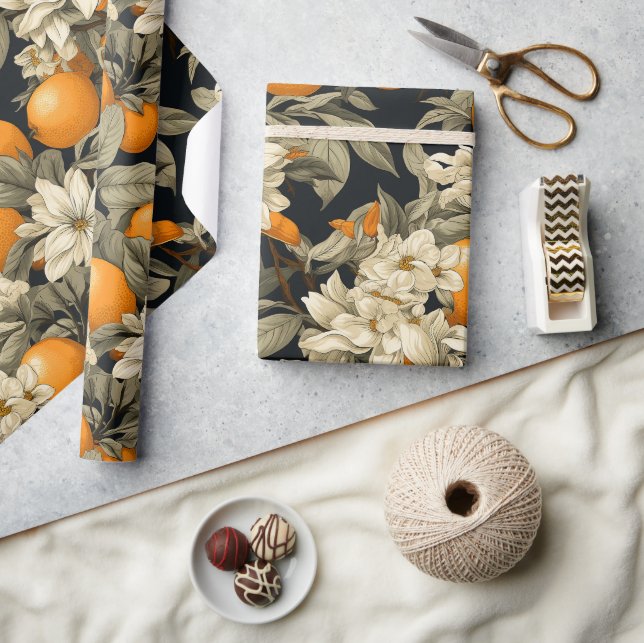 Dark Botanical Orange Blossom Wrapping Paper (Crafts)