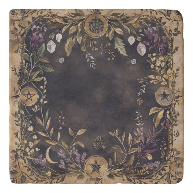 Dark Botanical Pentagram Crystal Trivet (Front)