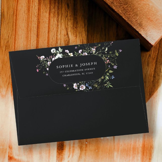 Dark Botanical Wildflowers | Elegant Wedding Envelope (Elegant wedding wildflowers on a dark charcoal/black envelope)