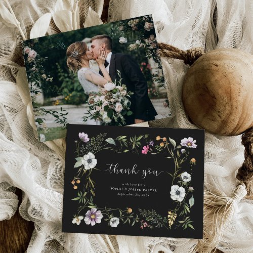 Dark Botanical Wildflowers  Elegant Wedding Photo Thank You Card