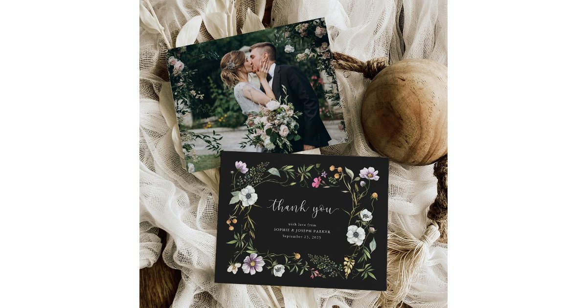 Dark Botanical Wildflowers | Elegant Wedding Photo Thank You Card | Zazzle