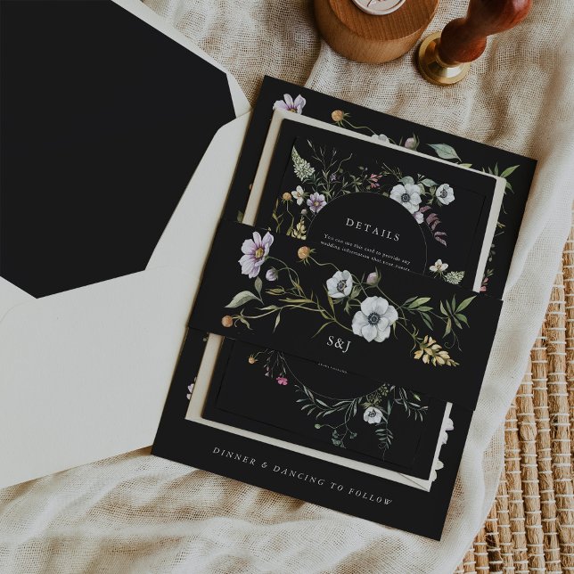 Dark Botanical Wildflowers | Monogram Wedding Invitation Belly Band (Elegant dark botanical wildflowers belly band)