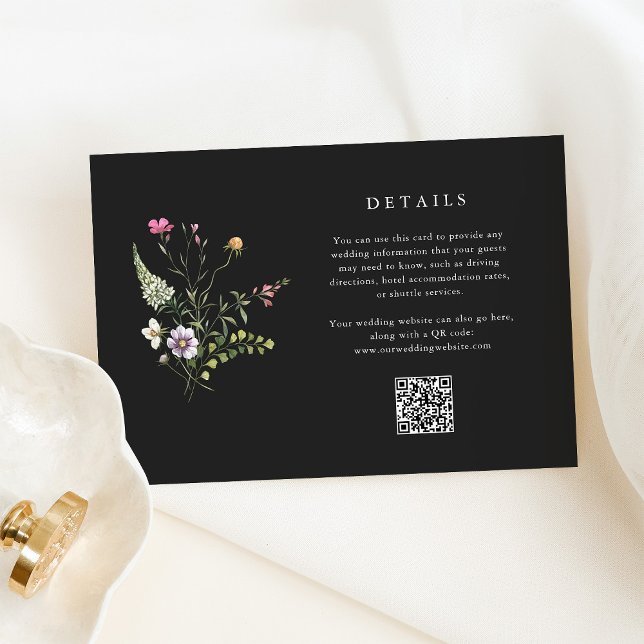 Dark Botanical Wildflowers Wedding Details QR Code Enclosure Card (These elegant wedding guest detail cards feature delicate wildflowers on a dark background)