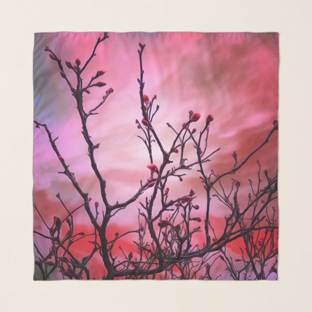 Dark Branches Red Buds And Fiery Sky Scarf (Front)