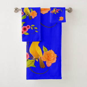 Dark Bright Blue - Bird & Yellow Rose Bath Towel Set