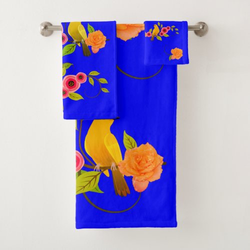 Dark Bright Blue _ Bird  Yellow Rose Bath Towel Set