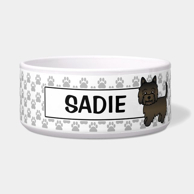 Dark Brindle Cairn Terrier Cartoon Dog Bowl (Front)