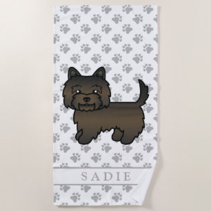 Dark Brindle Cairn Terrier Cute Cartoon Dog & Name Beach Towel