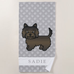 Dark Brindle Cairn Terrier Dog & Custom Name Beach Towel