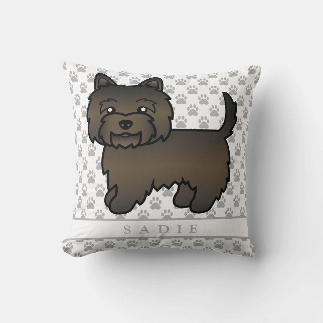 Dark Brindle Cairn Terrier Dog Illustration & Name Throw Pillow (Front)