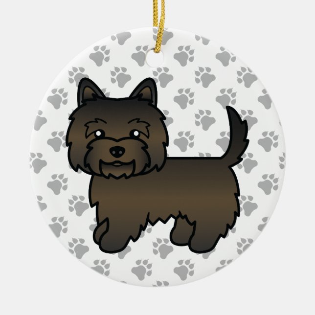 Dark Brindle Cairn Terrier Dog Illustration & Paws Ceramic Ornament (Front)