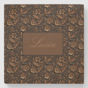 Dark Bronze Embossed Floral Personalized Stone Coaster
