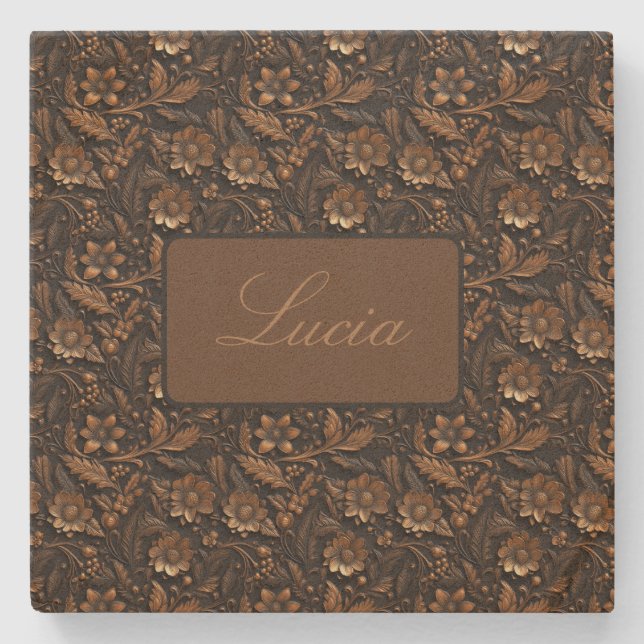 Dark Bronze Embossed Floral Personalized Stone Coaster (Front)